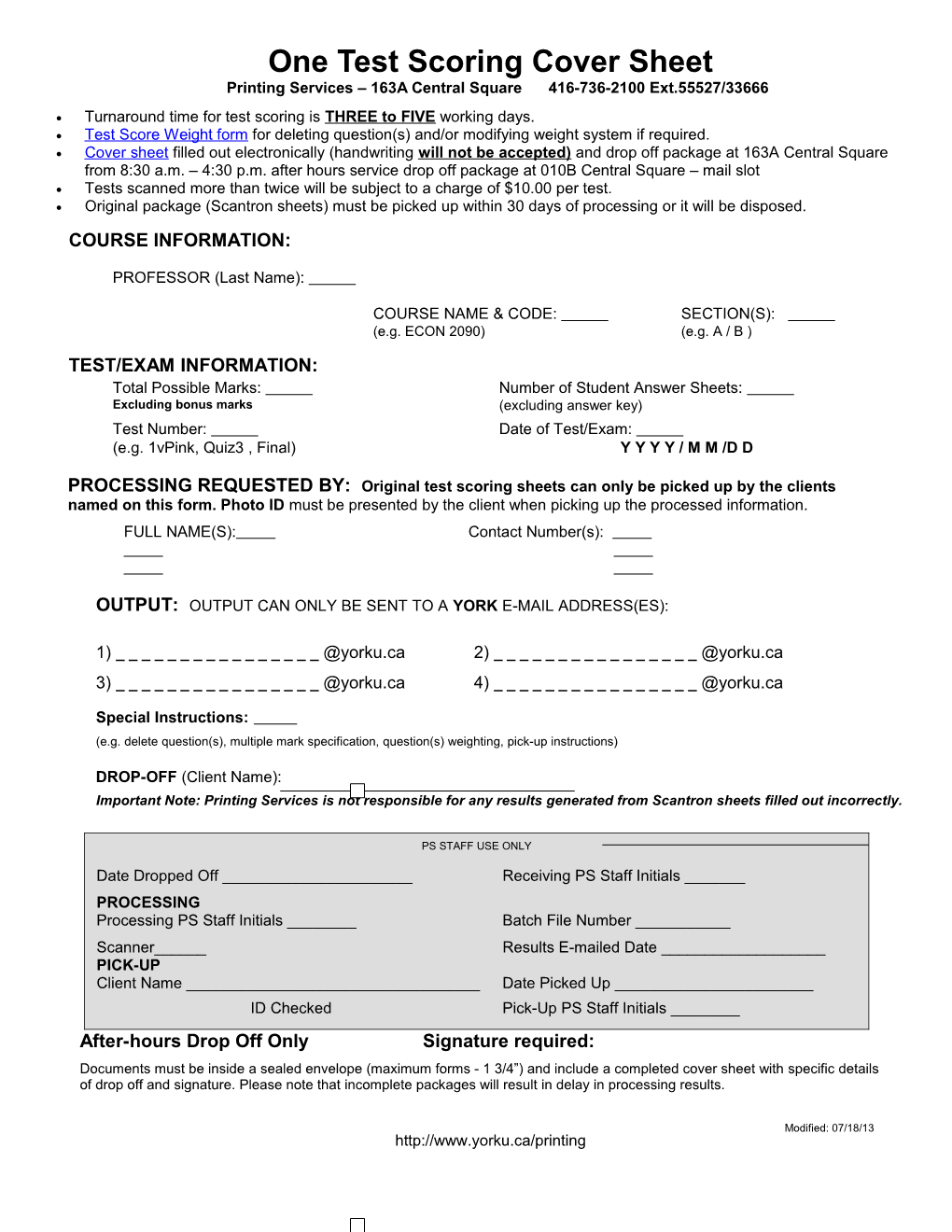 Test Scoring Cover Sheet