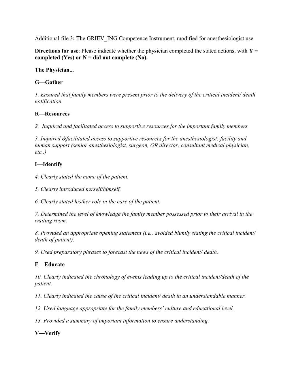 Additional File 3: the GRIEV ING Competence Instrument, Modified for Anesthesiologist Use