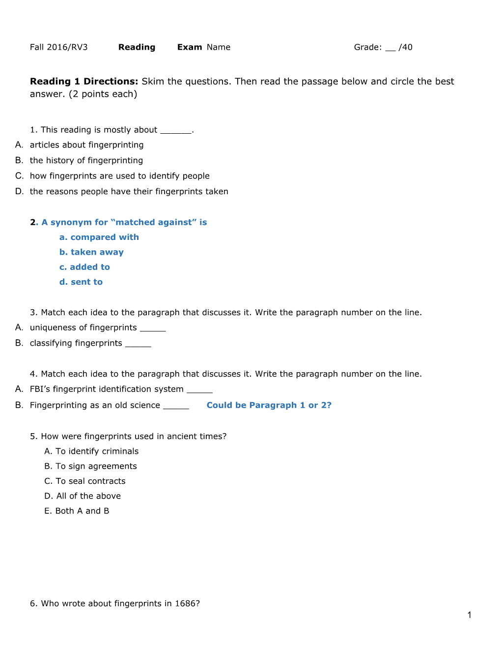 Fall 2016/Rv3reading Examname Grade: __ /40