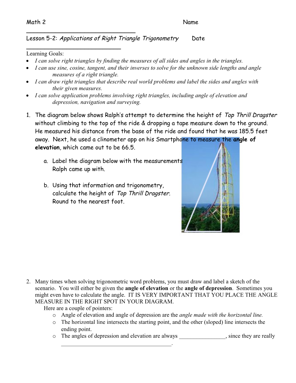 Lesson 5-2: Applications of Right Triangle Trigonometry Date ______