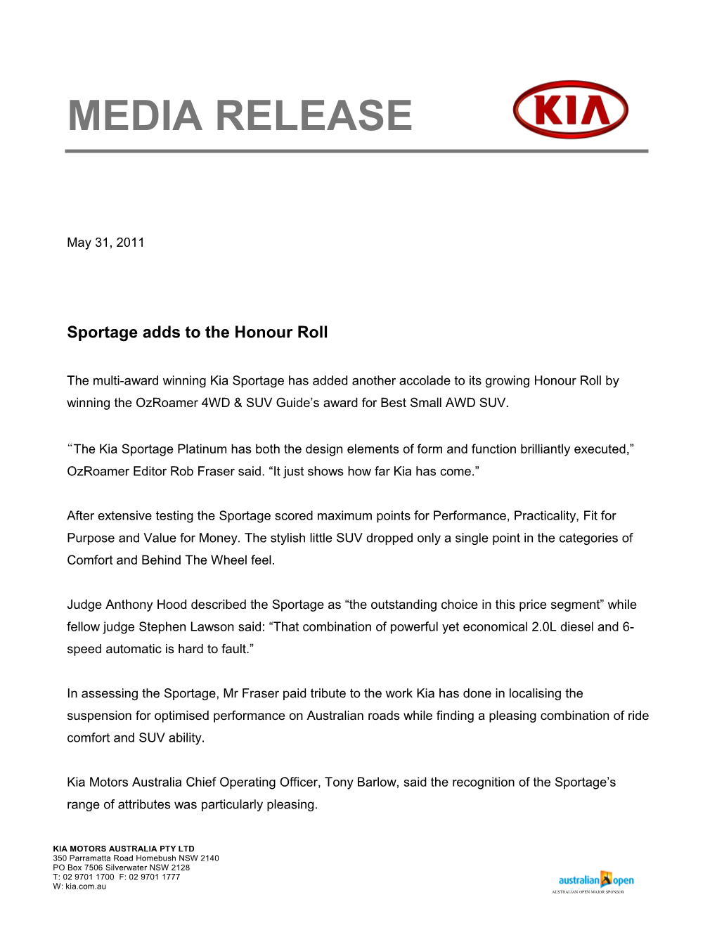 Sportage Adds to the Honour Roll