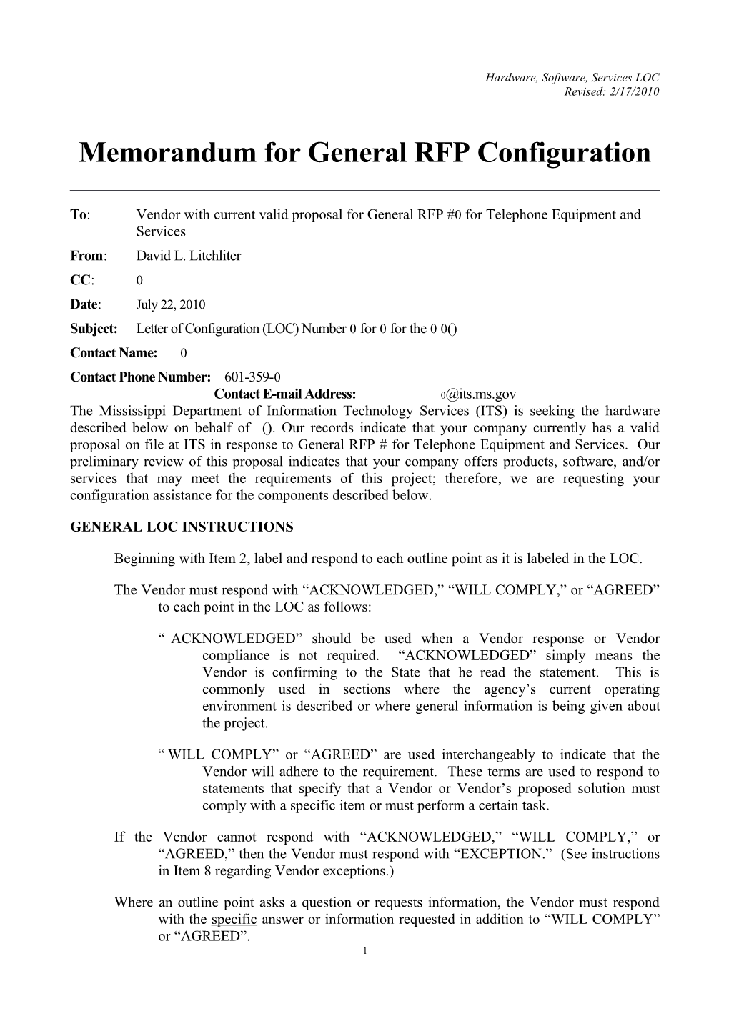 Memorandum for General RFP Configuration s2