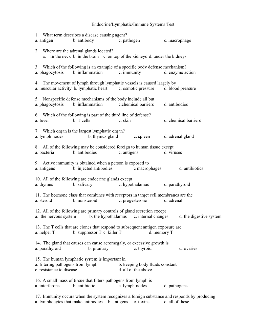 Endocrine/Lymphatic/Immune Systems Test