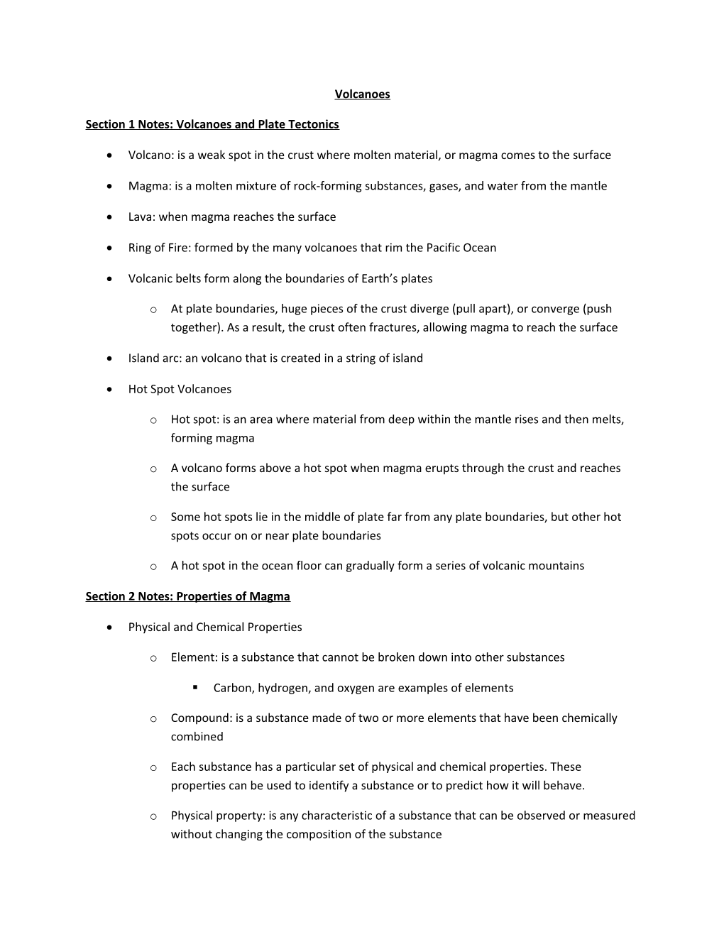 Section 1 Notes: Volcanoes and Plate Tectonics