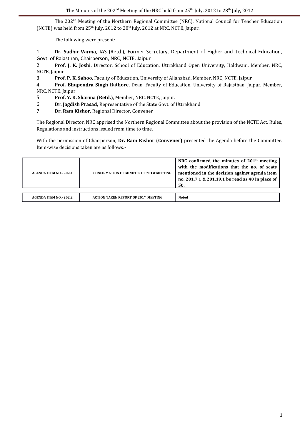 The Minutes of the 202Nd Meeting of the NRC Held from 25Th July, 2012 to 28Th July, 2012