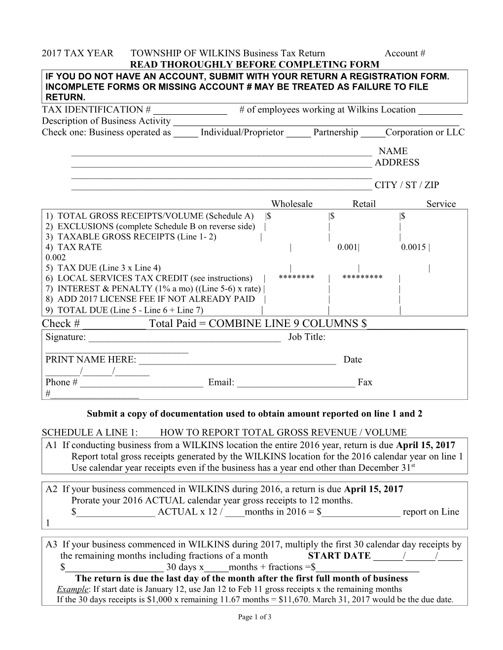 2017 TAX YEAR TOWNSHIP of WILKINS Business Tax Return Account