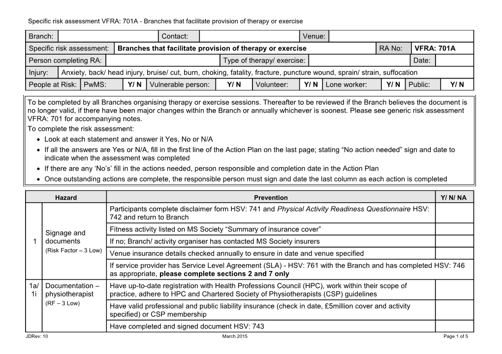 Specific Risk Assessment VFRA: 701A - Branches That Facilitate Provision of Therapy Or Exercise