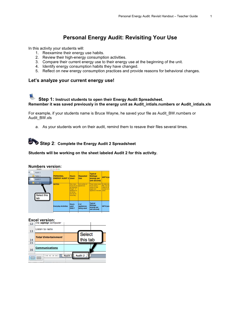 Personal Energy Audit: Revisit Handout Teacher Guide