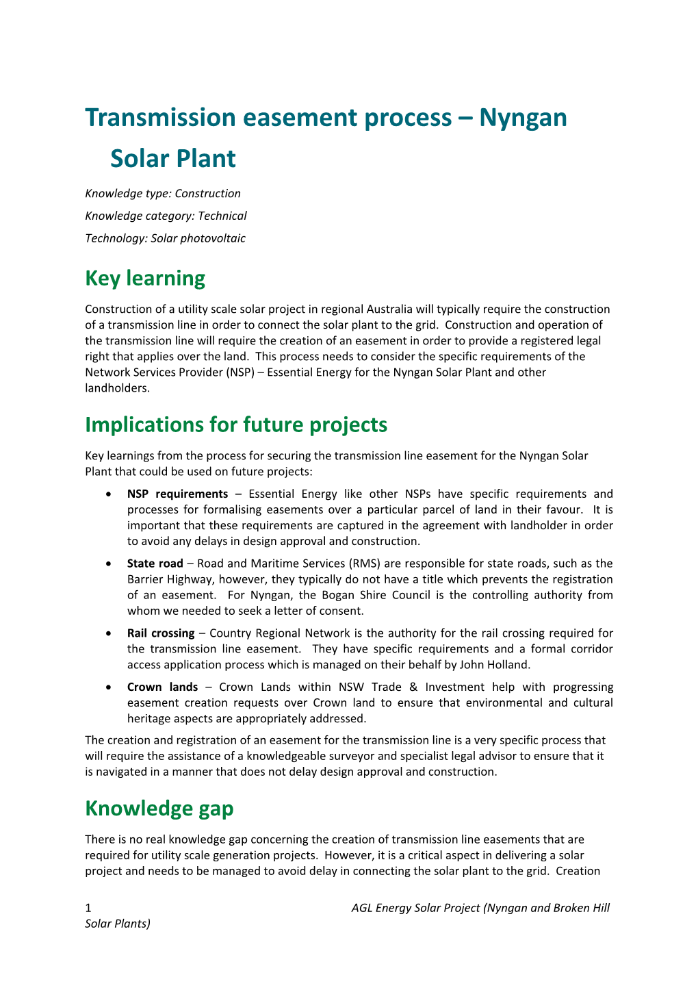Transmission Easement Process Nyngan Solar Plant