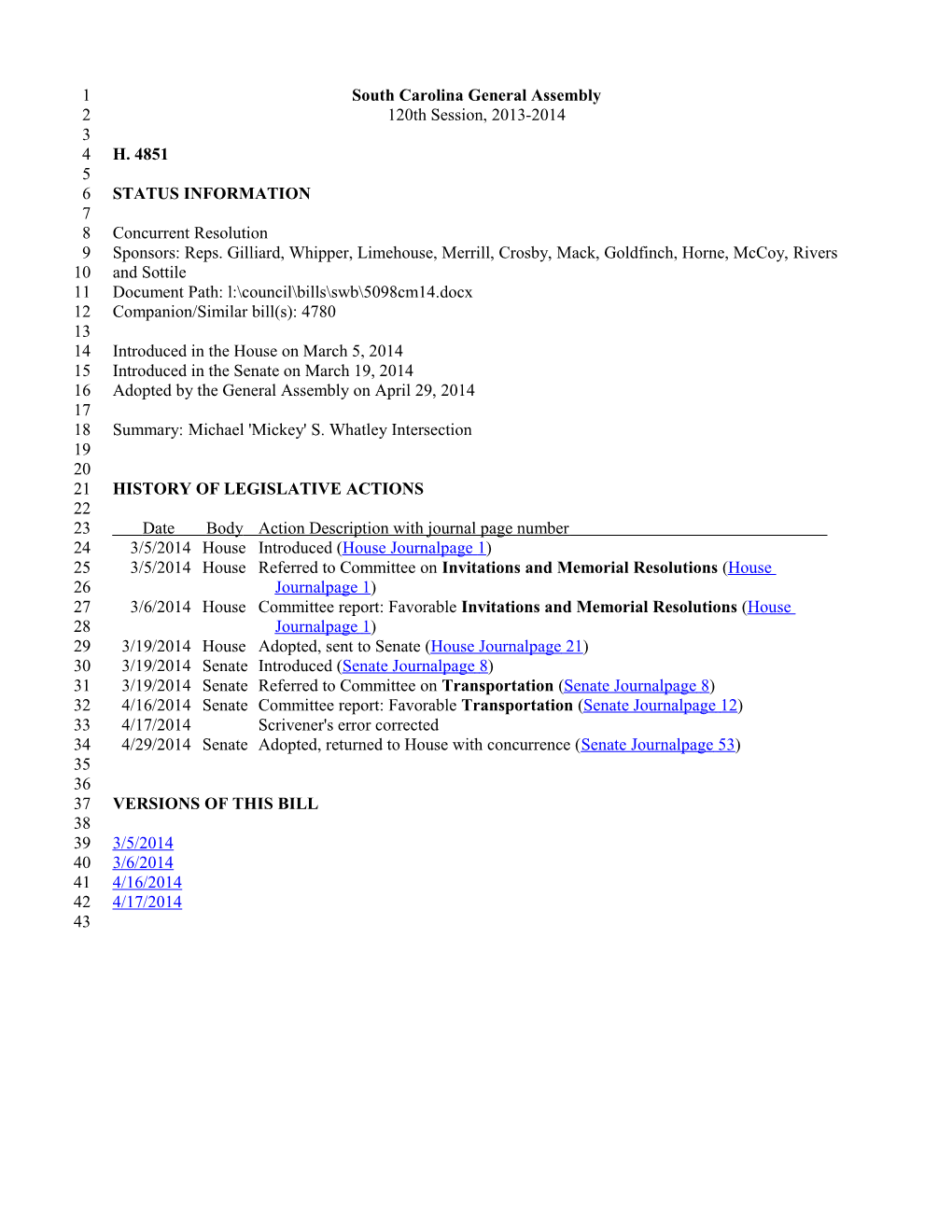 2013-2014 Bill 4851: Michael 'Mickey' S. Whatley Intersection - South Carolina Legislature