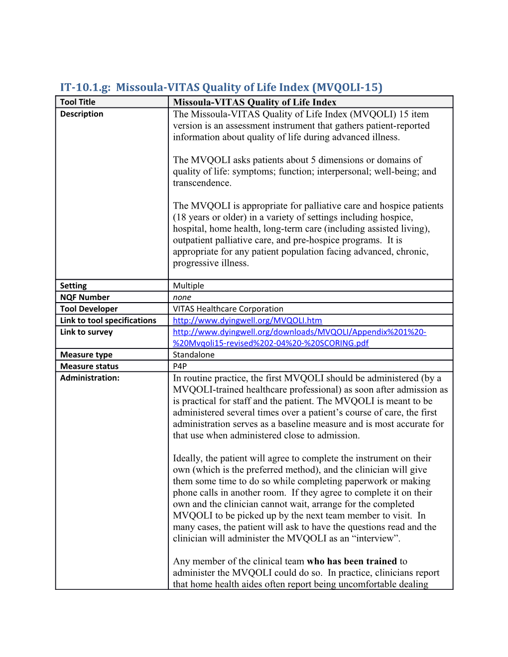 IT-10.1.G: Missoula-VITAS Quality of Life Index (MVQOLI-15)