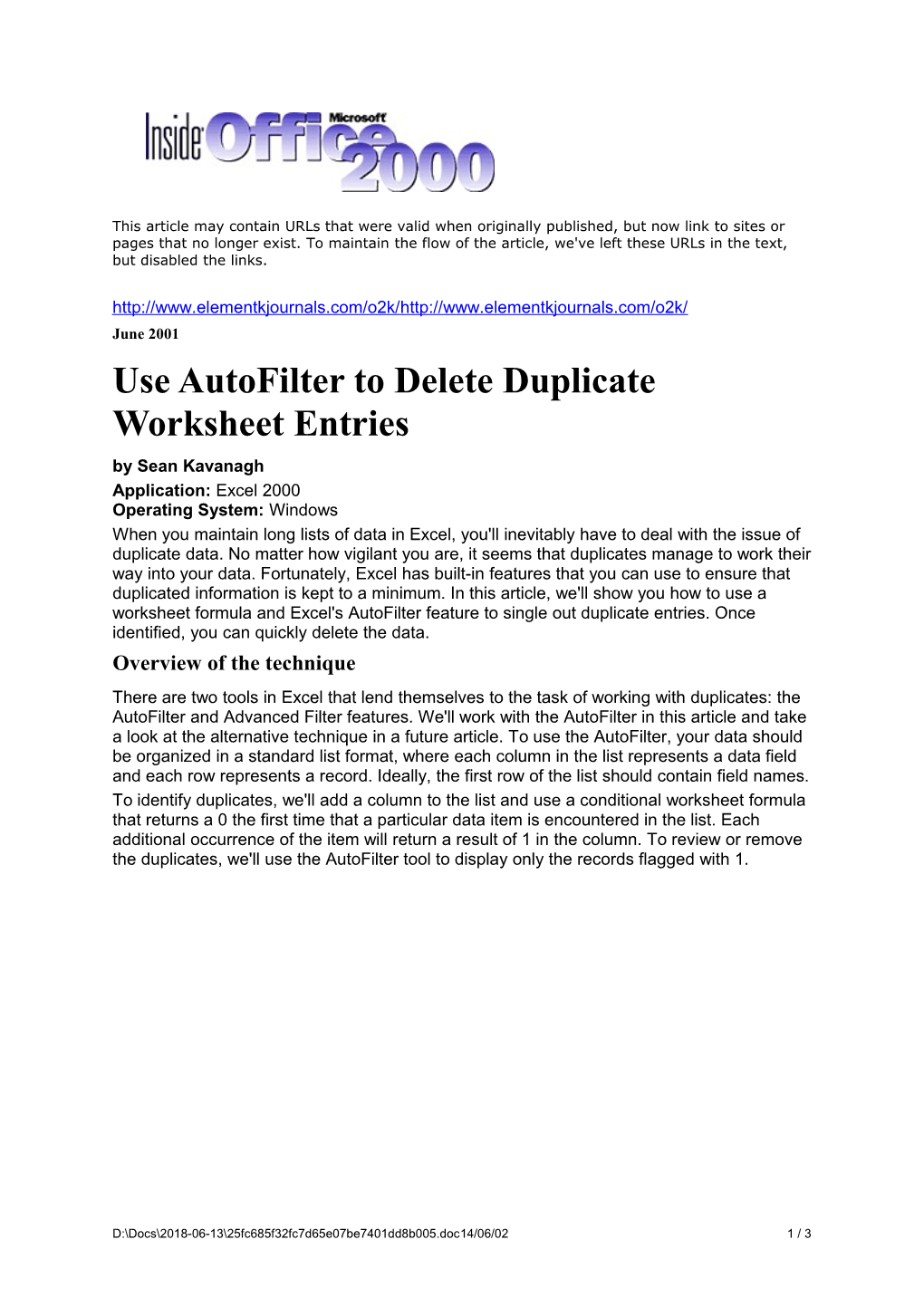 Use Autofilter to Delete Duplicate Worksheet Entries
