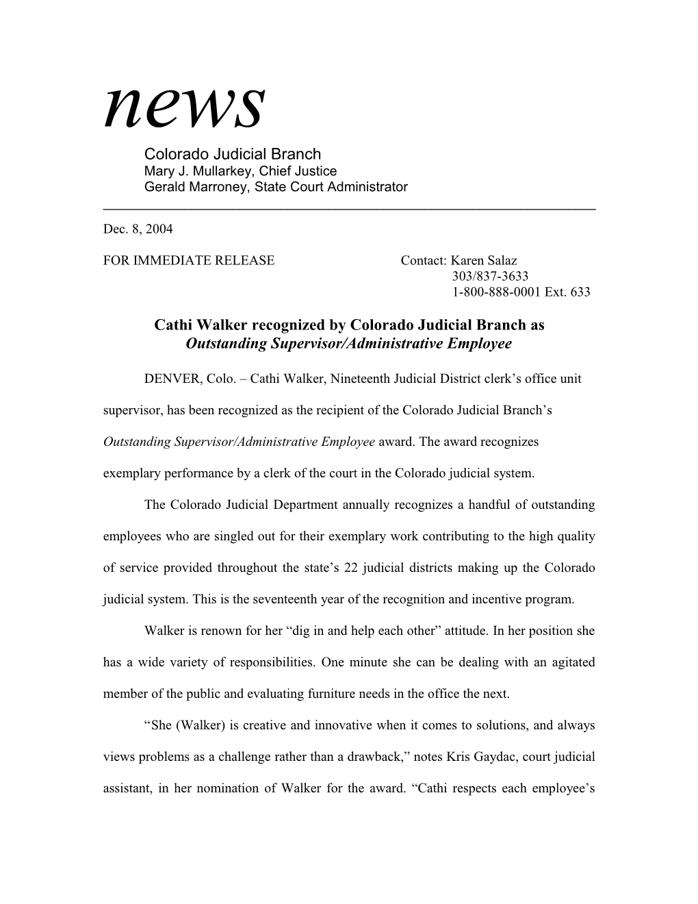 Cathi Walker Recognized by Colorado Judicial Branch As