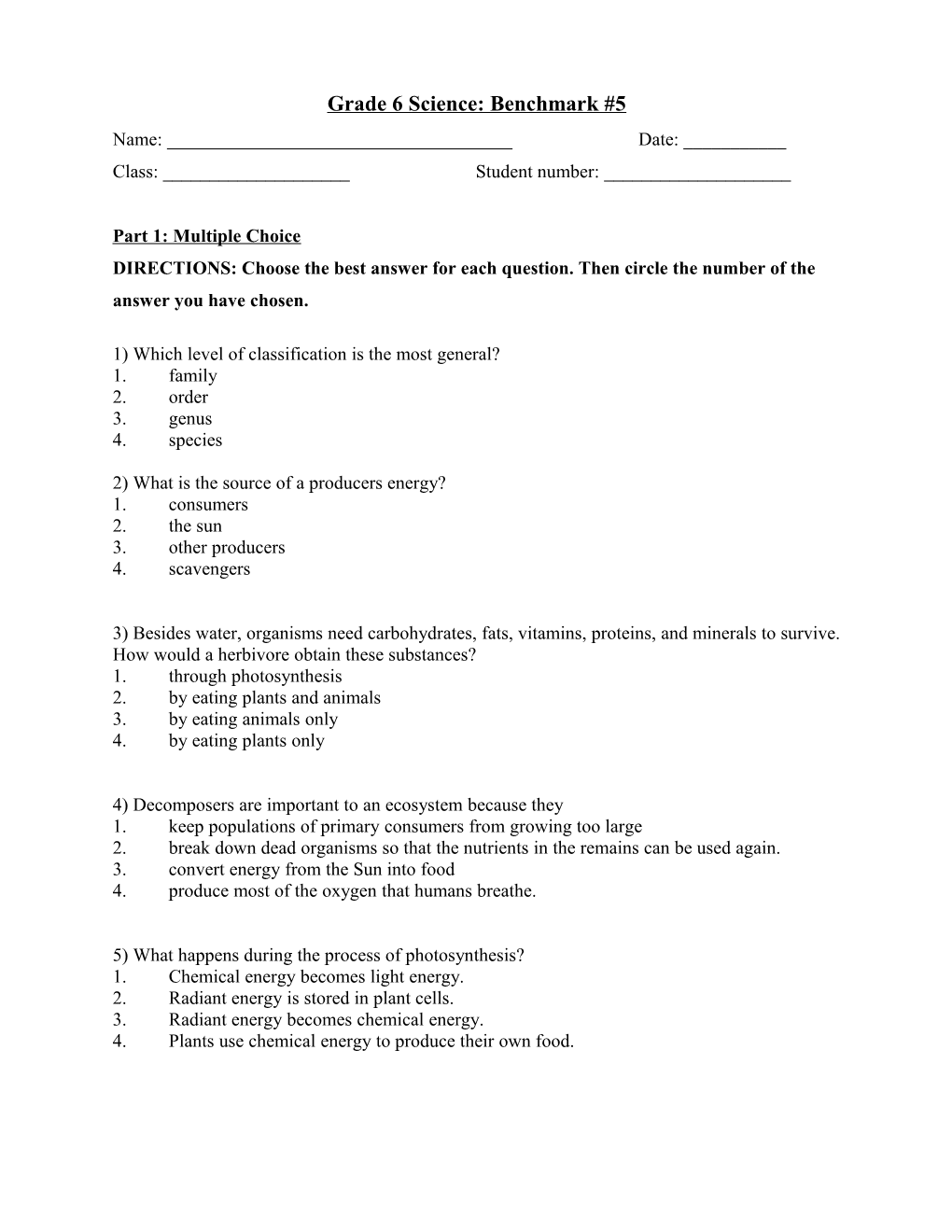 Grade 6 Science: Benchmark #5