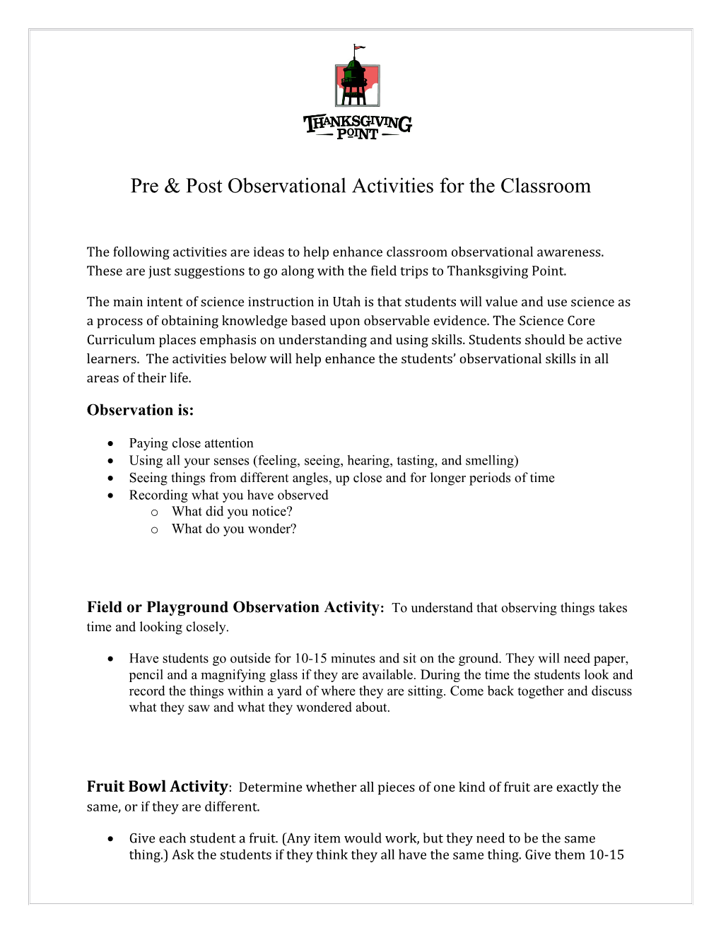 Pre & Post Observational Activities for the Classroom