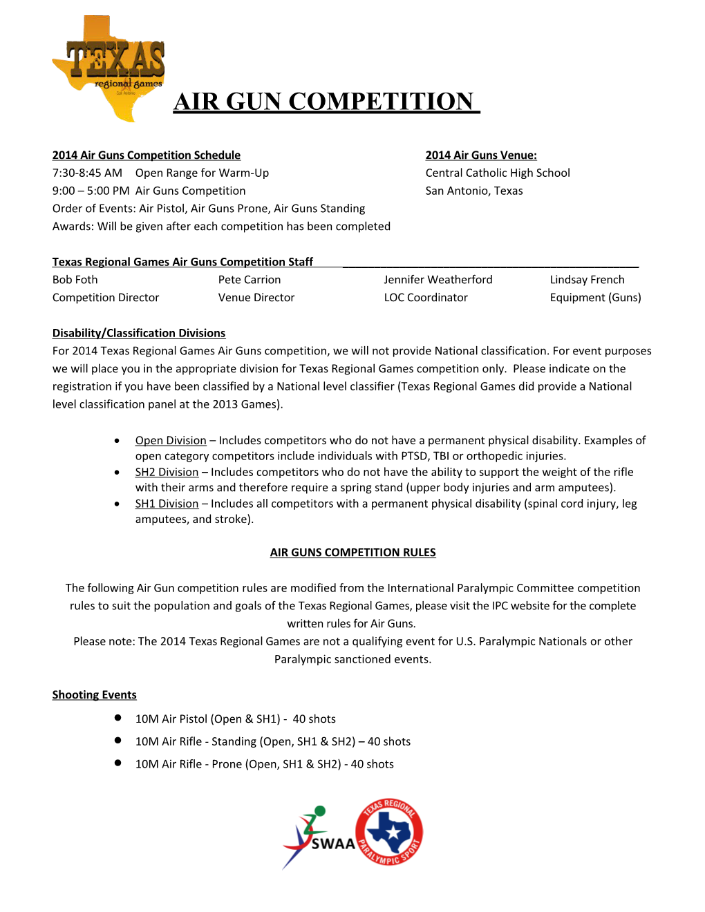 2014 Air Guns Competition Schedule 2014 Air Guns Venue