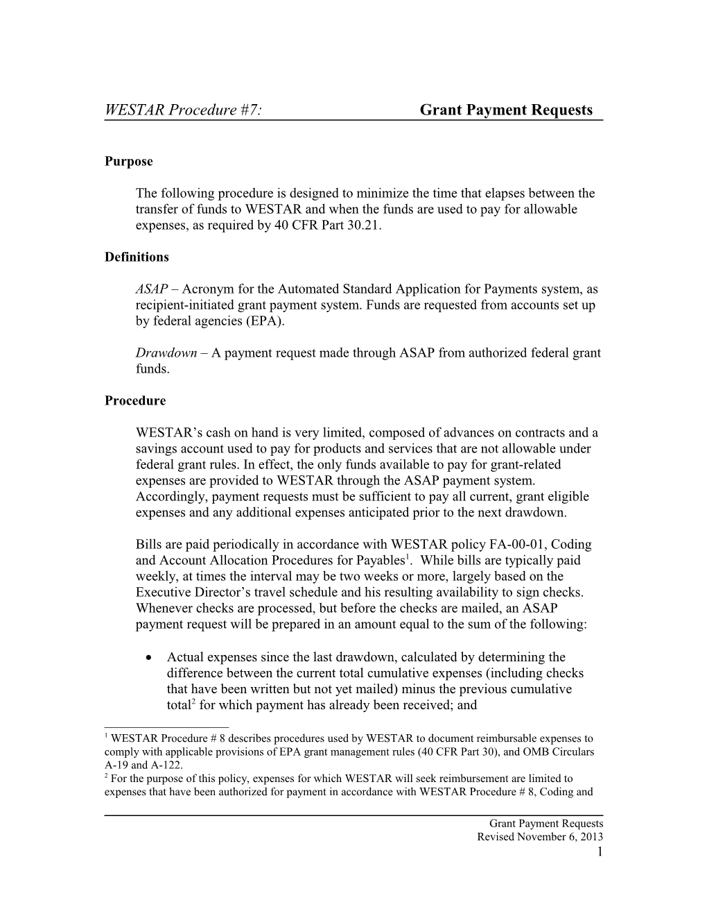 WESTAR Procedure #7: Grant Payment Requests