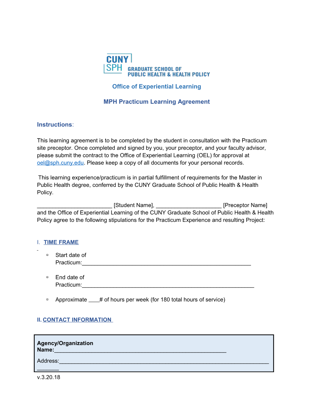 MPH Practicum Learning Agreement