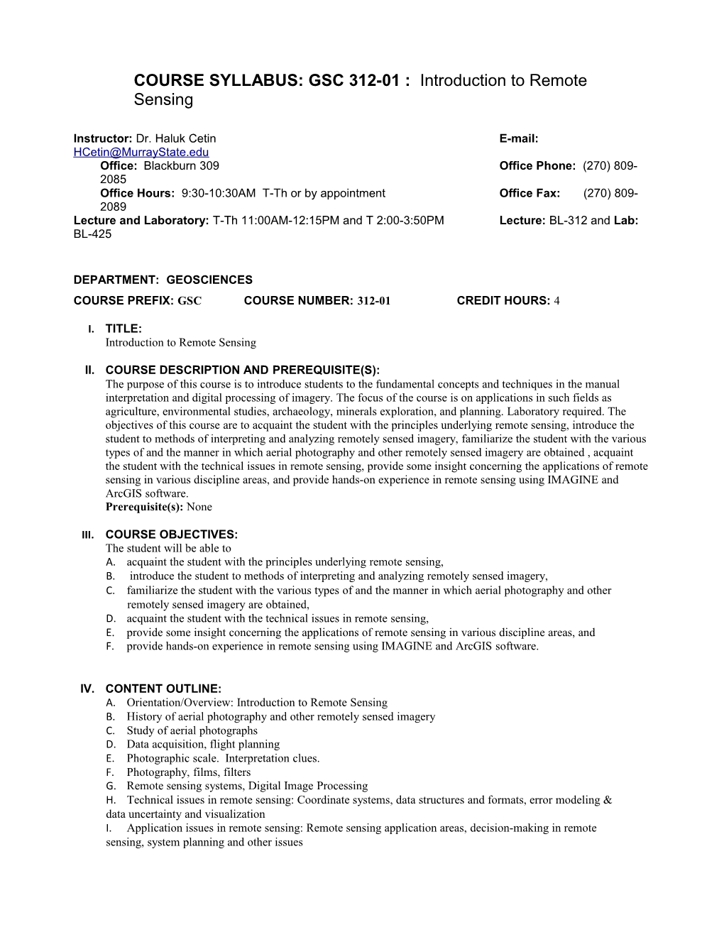 COURSE SYLLABUS: GSC 312-01 : Introduction to Remotesensing