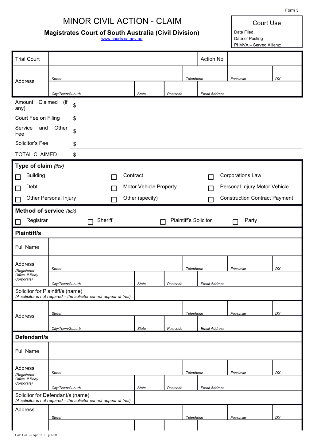 Form 3 - MINOR CIVIL ACTION - CLAIM