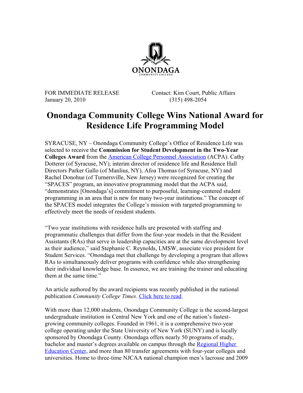 Onondaga Community College Wins National Award For