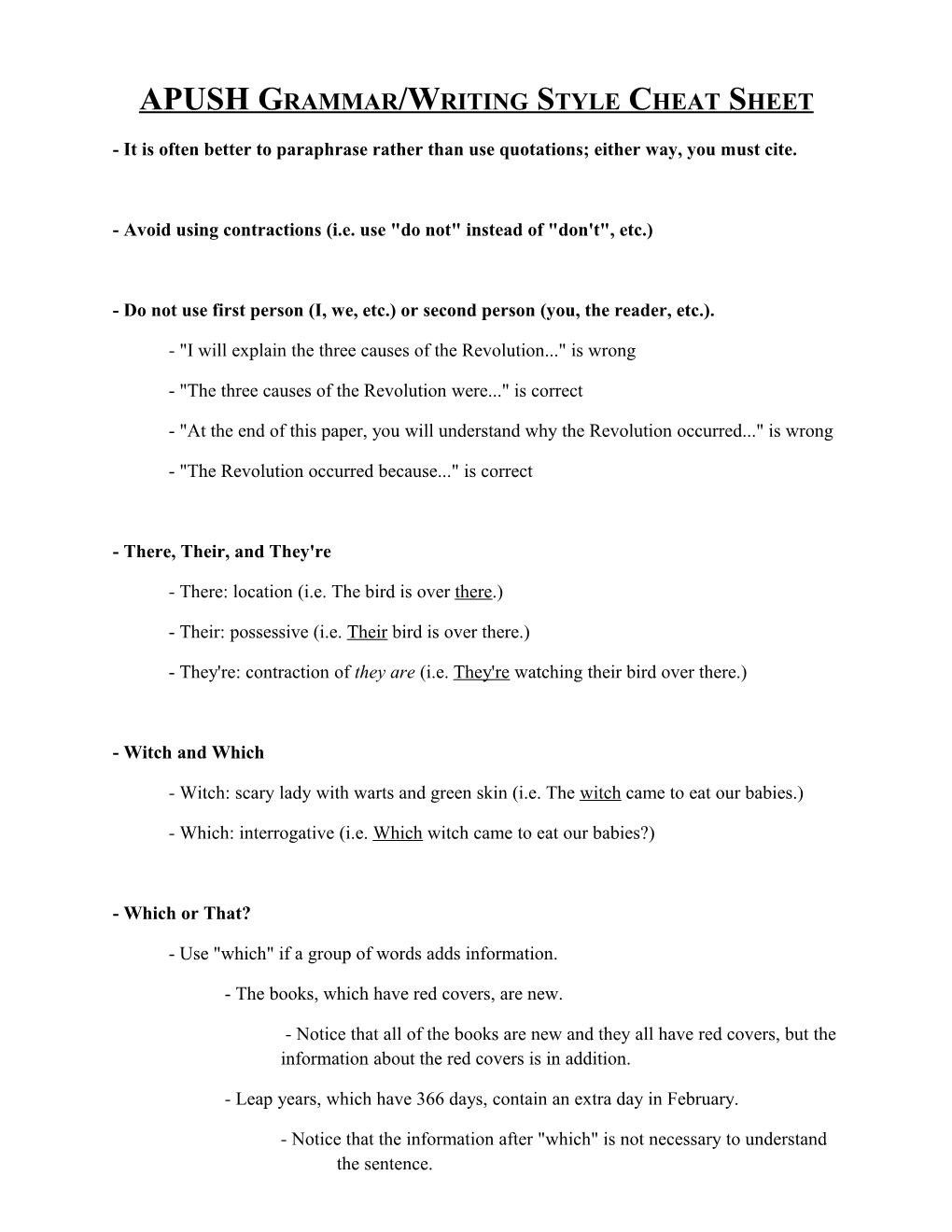 APUSH Grammar/Writing Style Cheat Sheet