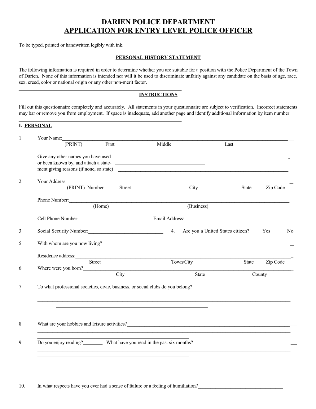 Application for Entry Level Police Officer