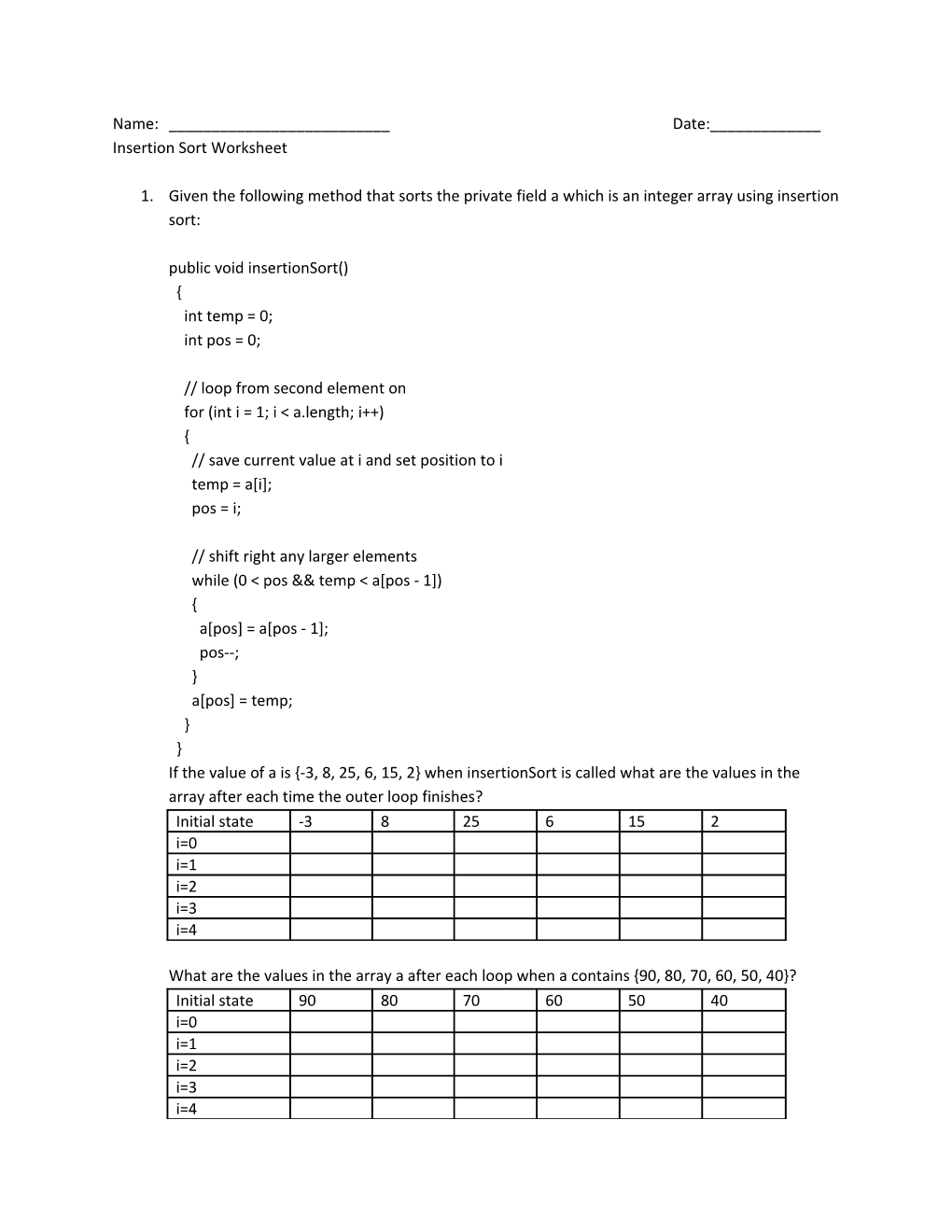 Insertion Sort Worksheet