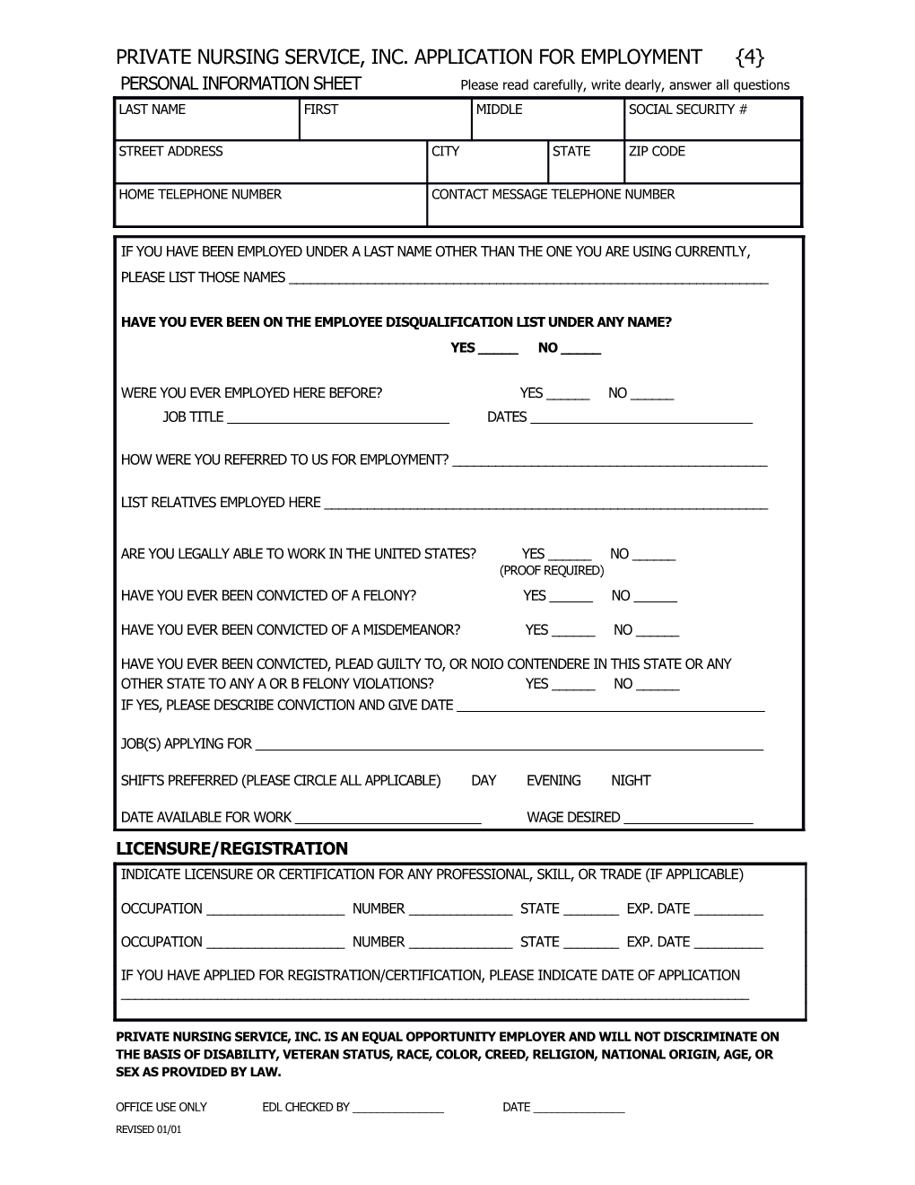 Private Nursing Service, Inc. Application for Employment 4