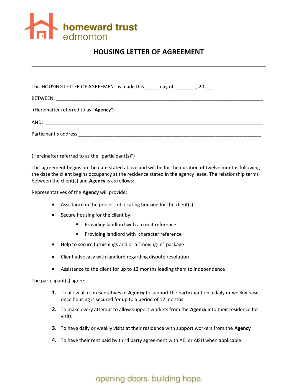 This HOUSING LETTER of AGREEMENT Is Made This _____ Day of ______, 2008