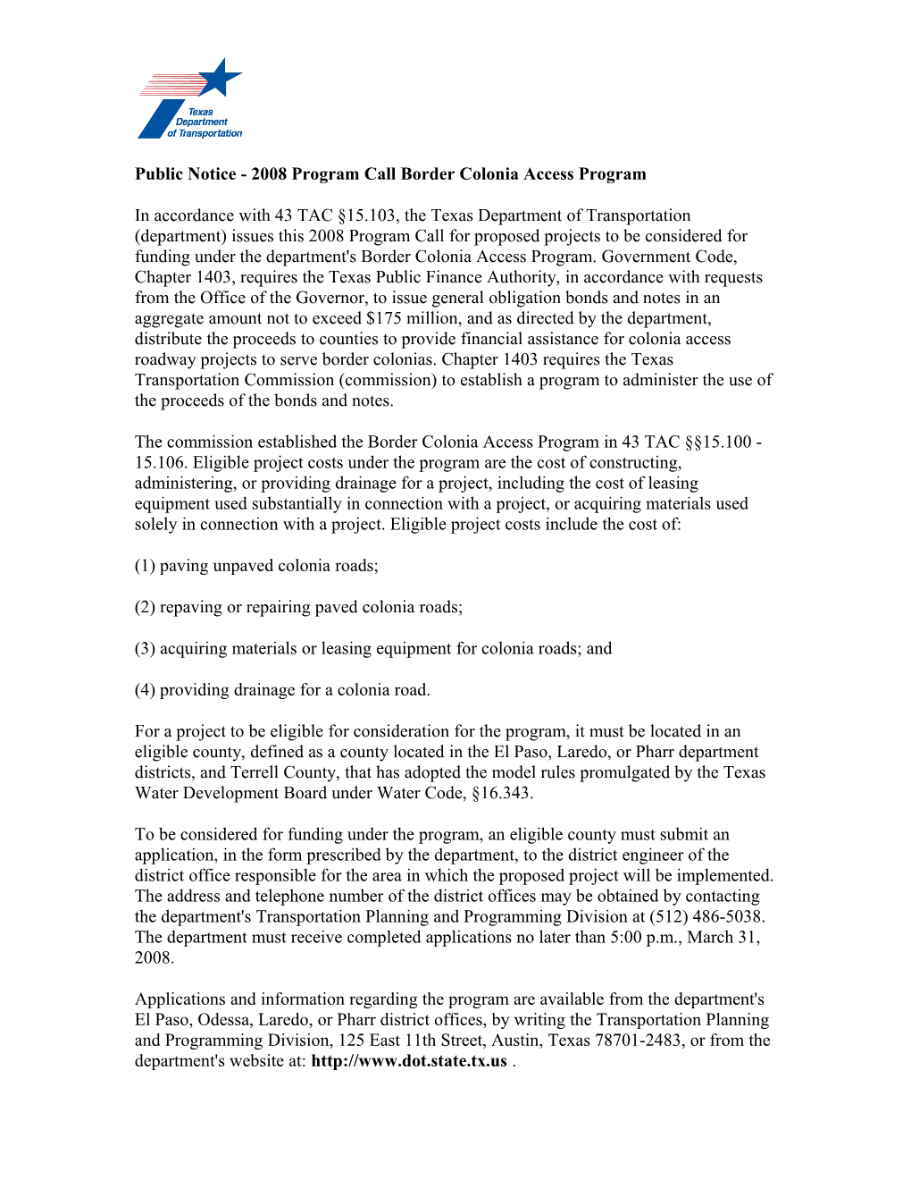 Public Notice - 2008 Program Call Border Colonia Access Program