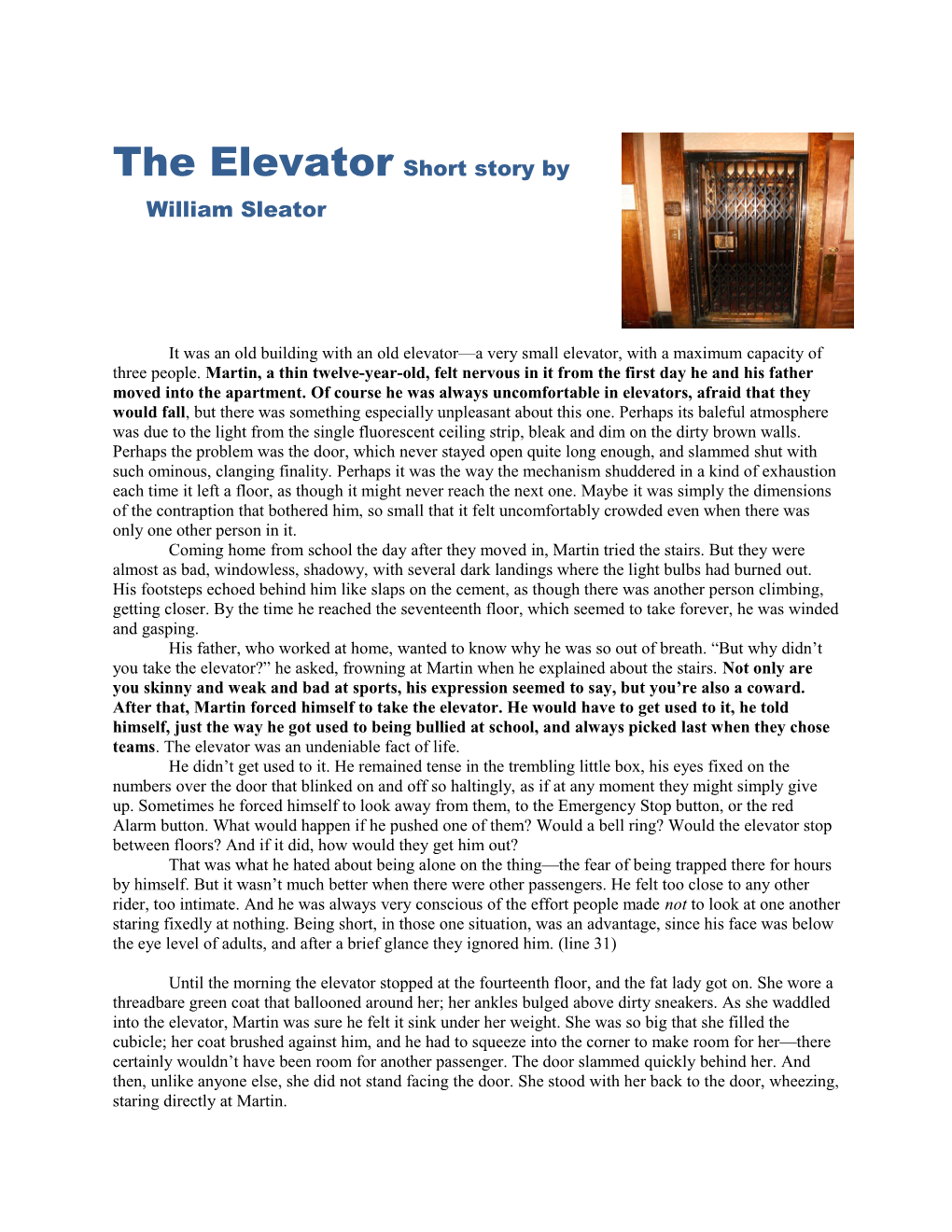 The Elevator Short Story by William Sleator