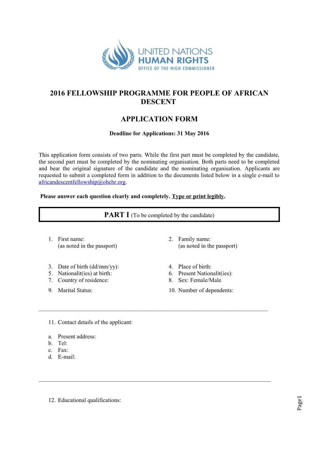 2016 Fellowship Programme for People of African Descent