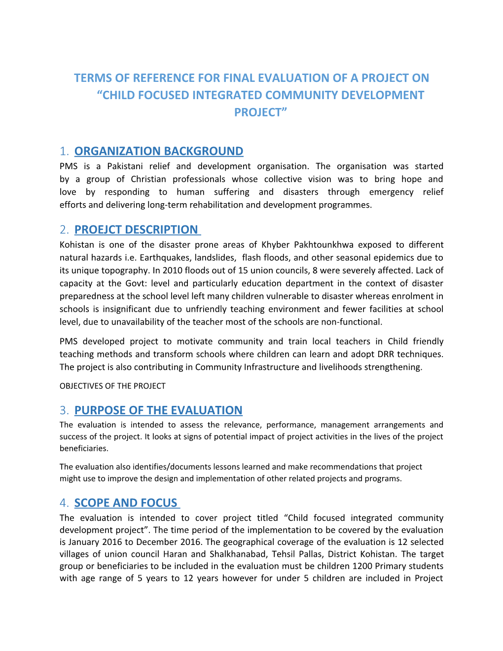 Terms of Reference for Final Evaluation of a Project on Child Focused Integrated Community