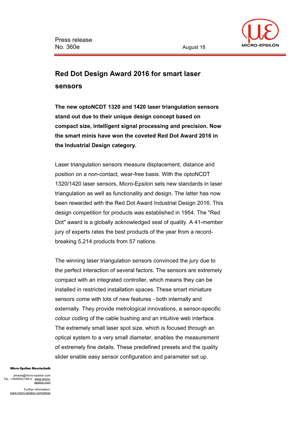 Red Dot Design Award 2016 for Smart Laser Sensors