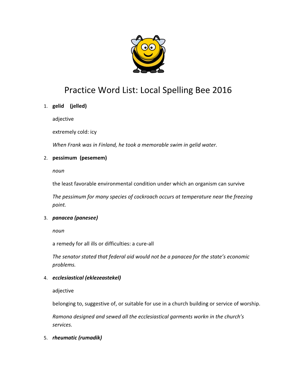 Practice Word List: Local Spelling Bee 2016