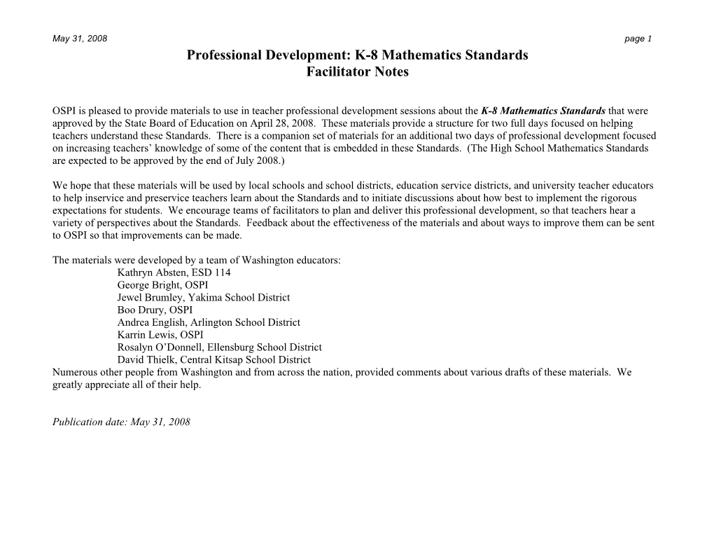 Professional Development: K-8 Mathematics Standards