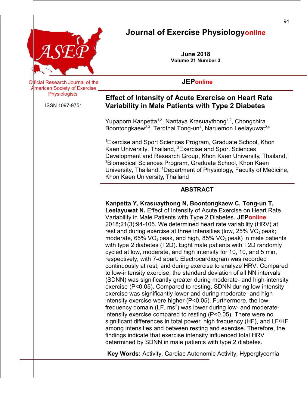 Effect of Intensity of Acute Exercise on Heart Rate Variability in Male Patients With