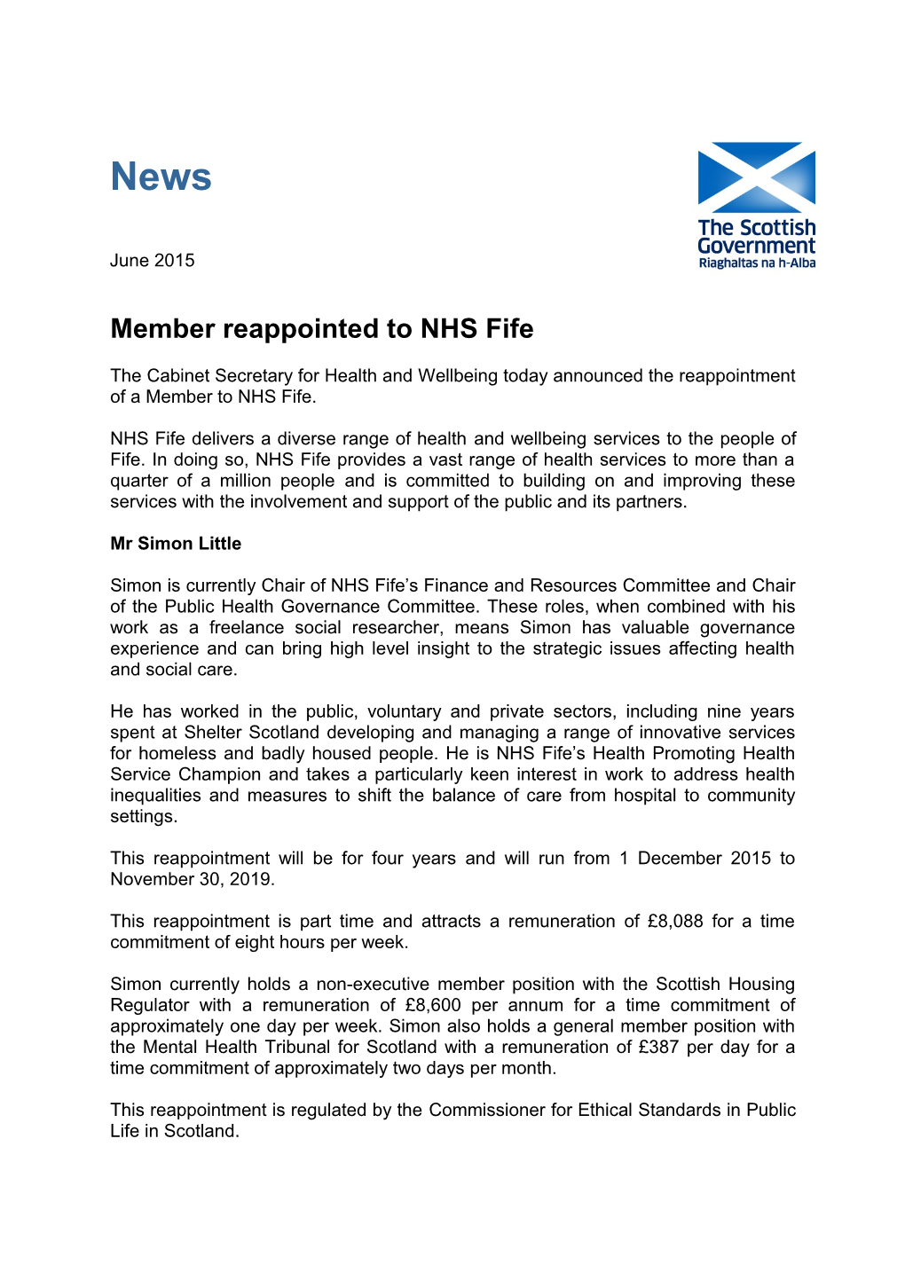 Member Reappointed to NHS Fife