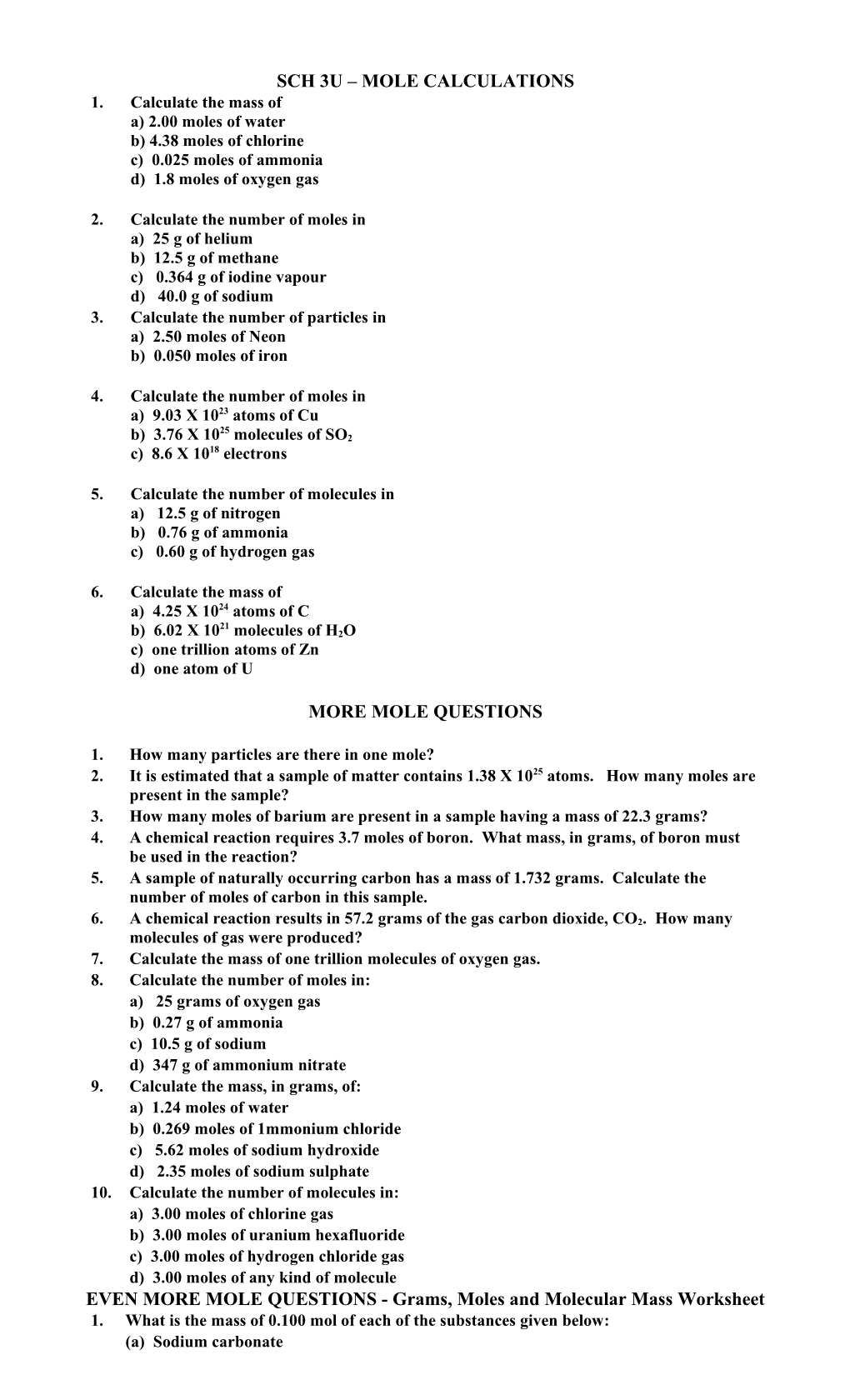 Sch 3U Mole Calculations