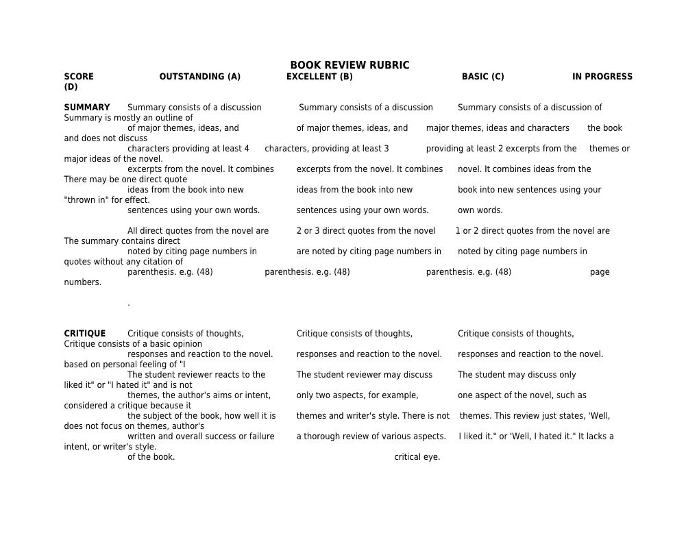 Book Review Rubric