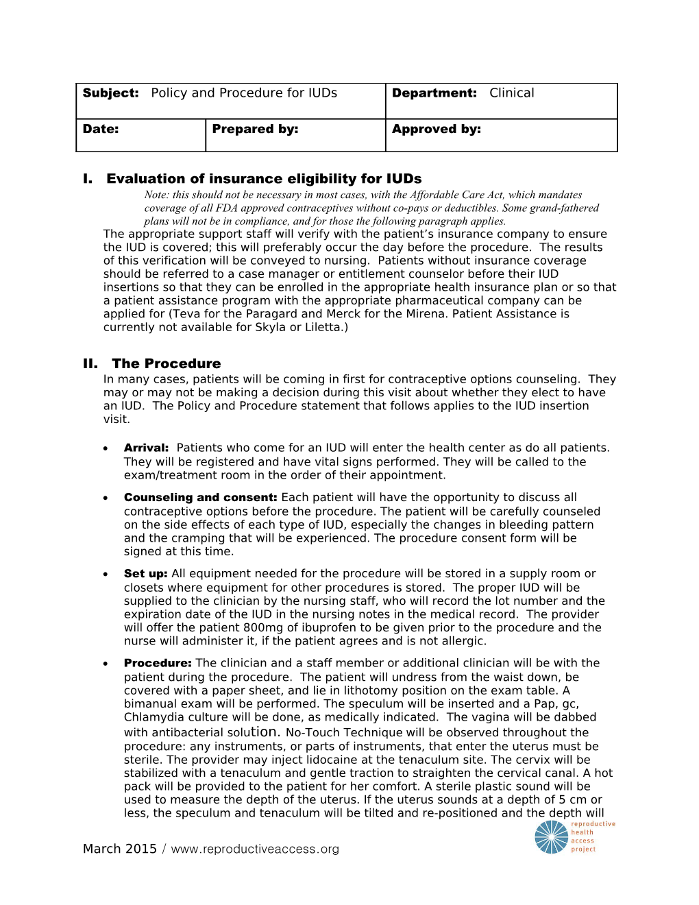 I. Evaluation of Insurance Eligibility for Iuds