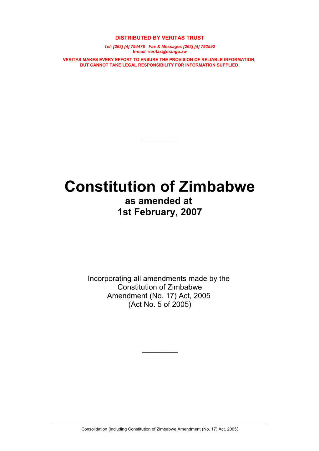 CONSTITUTION of ZIMBABWE AS AMENDED up to and Including Amendment 17