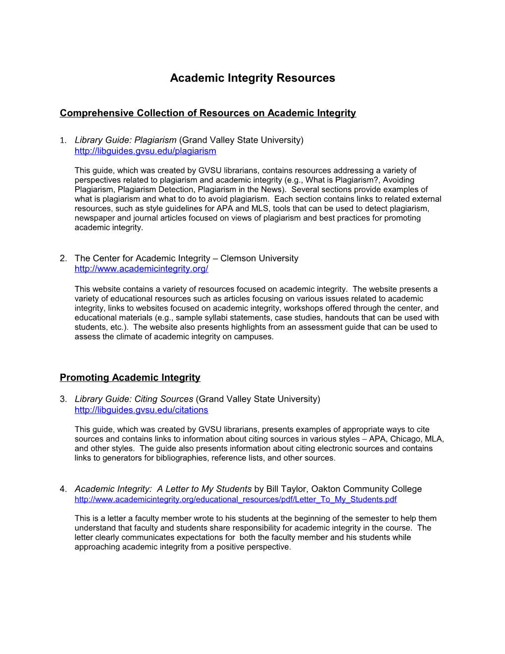 Comprehensive Collection of Resources on Academic Integrity