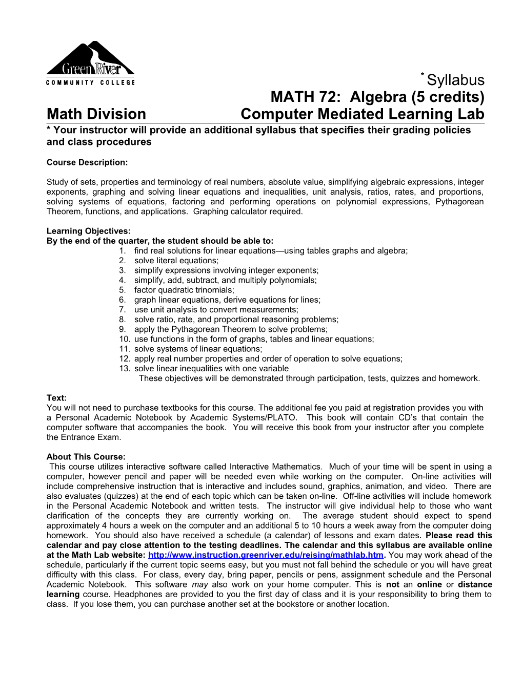 Math Division Computer Mediated Learning Lab