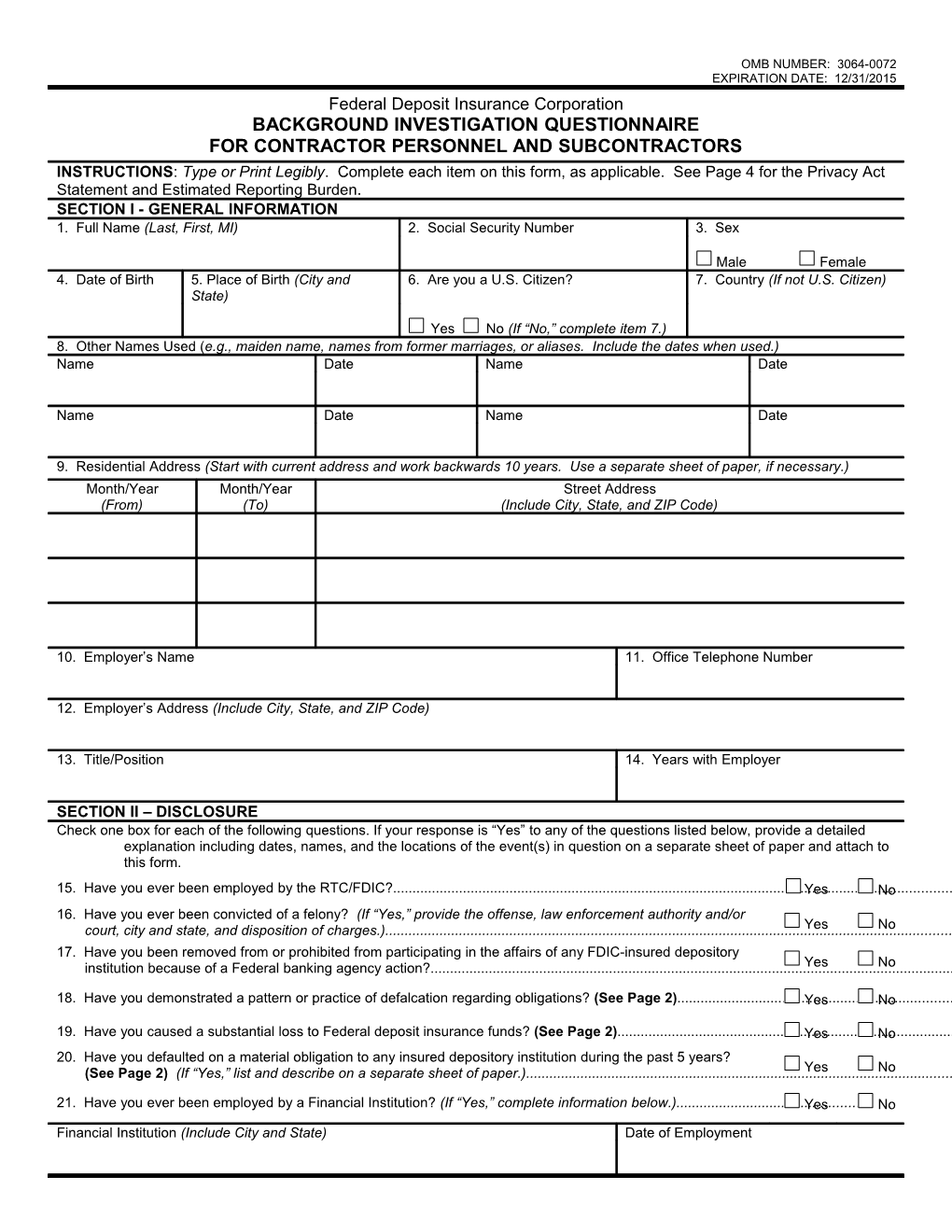FDIC 1600/04, Background Investigation Questionnaire for Contractor Personnel and Subcontractor