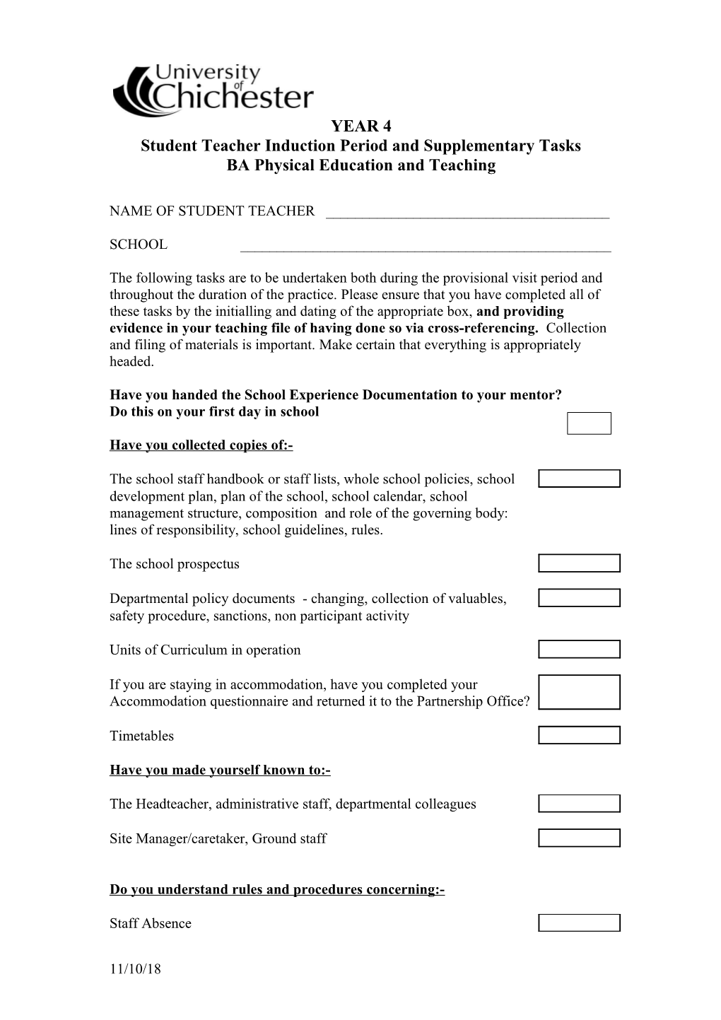 Student Teacher Induction Period and Supplementary Tasks Year 3