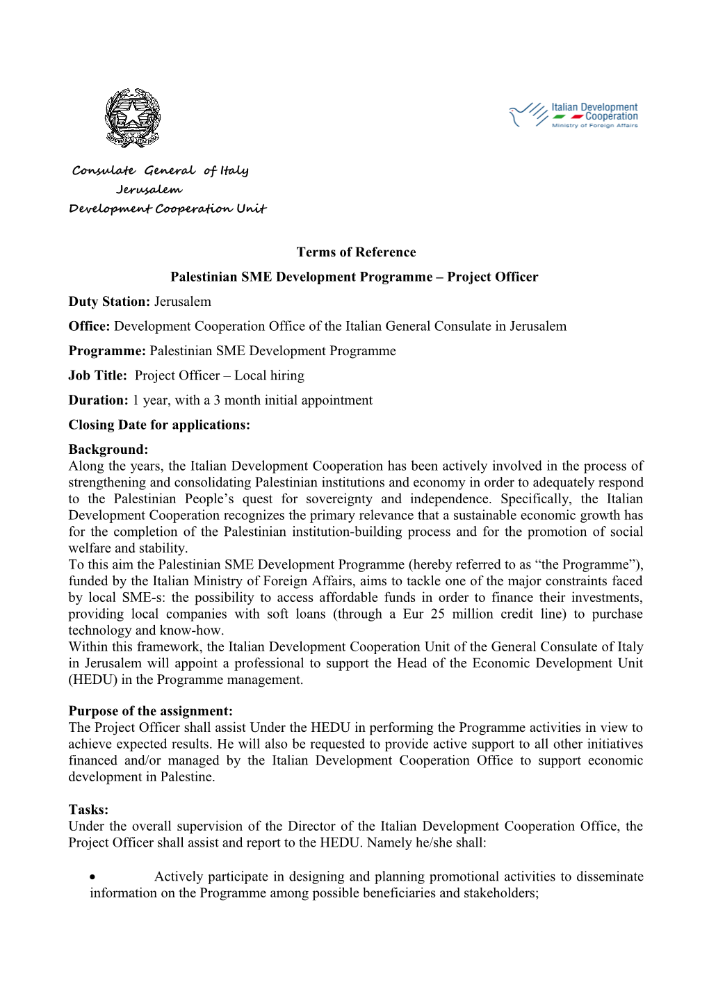 Palestinian SME Development Programme Project Officer