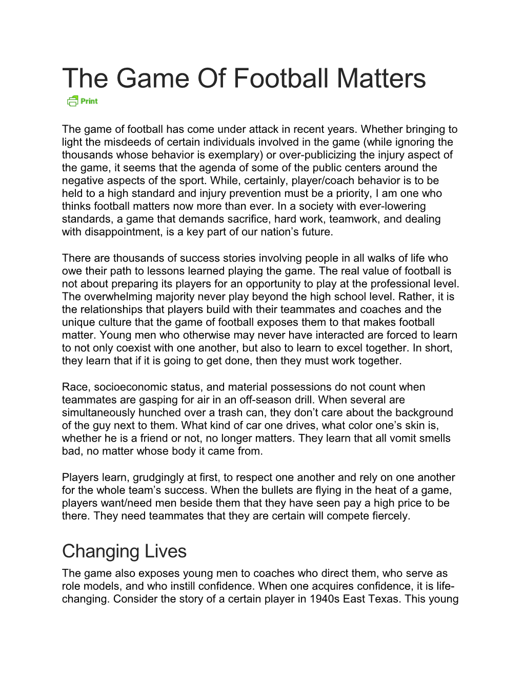The Game of Football Matters