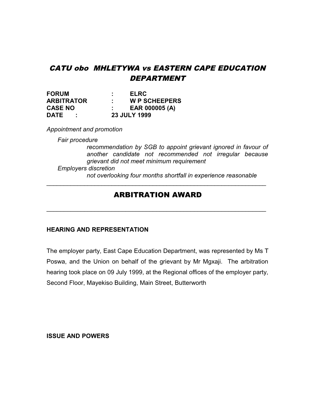 CATU Obo T MHLETYWA Vs EASTERN CAPE EDUCATION DEPARTMENT